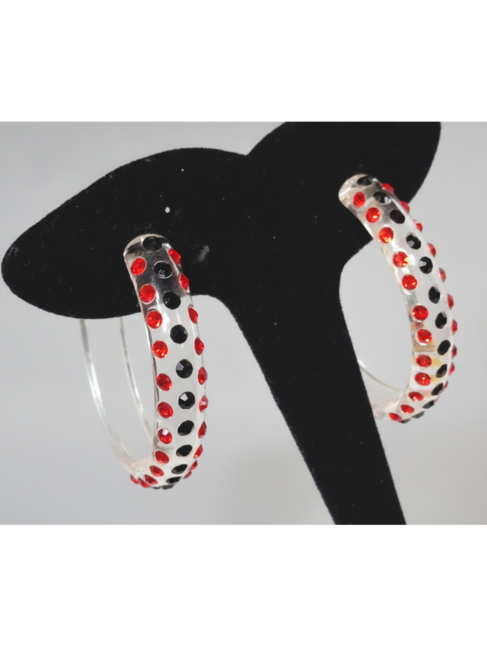 Vintage Acrylic Pierced Earrings 2" Large Red Rhinestones Hoops Retro rp-25